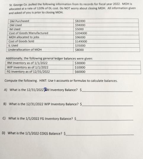 St. George Co. pulled the following information from its records for fiscal year 2022. MOH is allocated at a