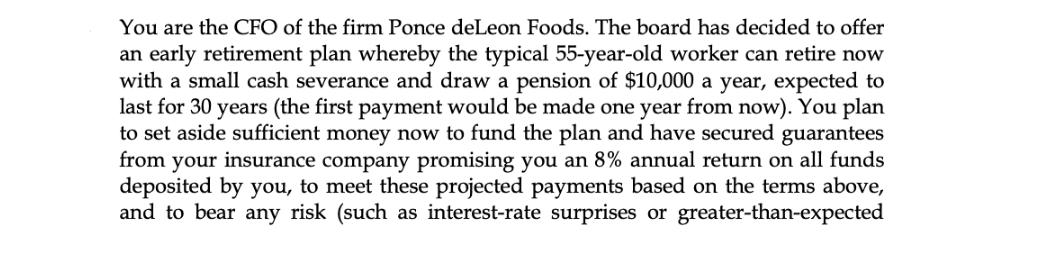 You are the CFO of the firm Ponce de Leon Foods. The board has decided to offer an early retirement plan