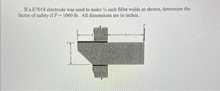 If a E7018 electrode was used to make 4 inch fillet welds as shown, determine the factor of safety if F=1000