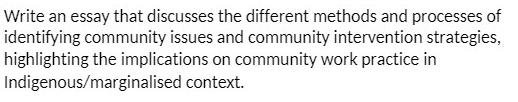 Write an essay that discusses the different methods and processes of identifying community issues and