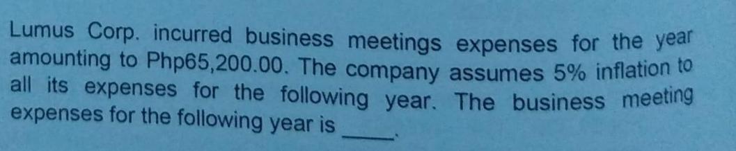 Lumus Corp. incurred business meetings expenses for the year amounting to Php65,200.00. The company assumes