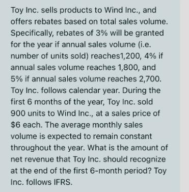 Toy Inc. sells products to Wind Inc., and offers rebates based on total sales volume. Specifically, rebates