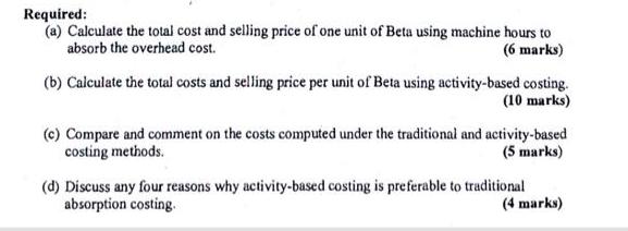 Required: (a) Calculate the total cost and selling price of one unit of Beta using machine hours to absorb