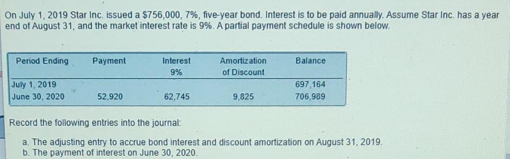 On July 1, 2019 Star Inc. issued a $756,000, 7%, five-year bond. Interest is to be paid annually. Assume Star