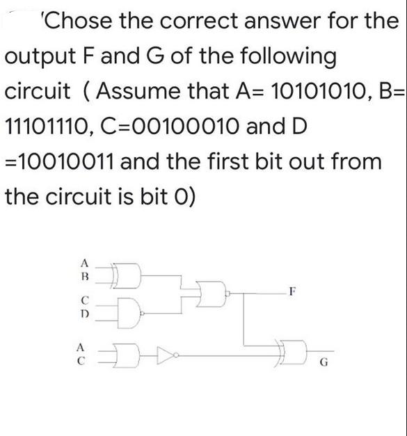 'Chose the correct answer for the output F and G of the following circuit (Assume that A= 10101010, B=