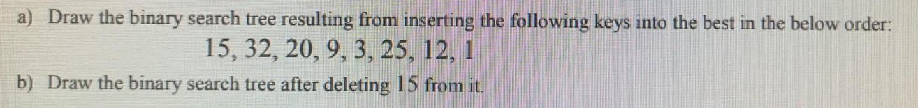 a) Draw the binary search tree resulting from inserting the following keys into the best in the below order: