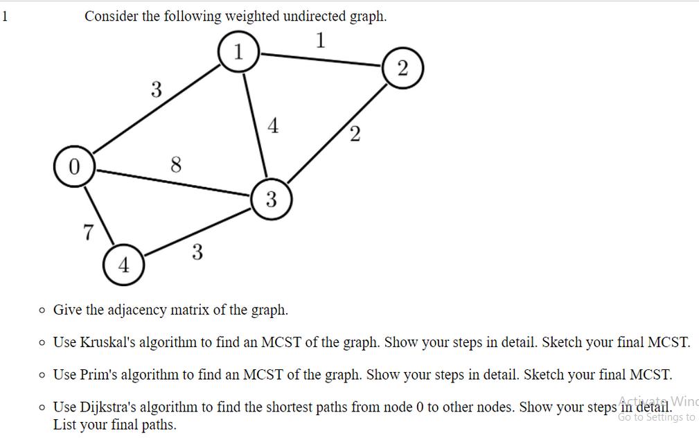 1 Consider the following weighted undirected graph. 1 4 8 3 3 2 o Give the adjacency matrix of the graph. o
