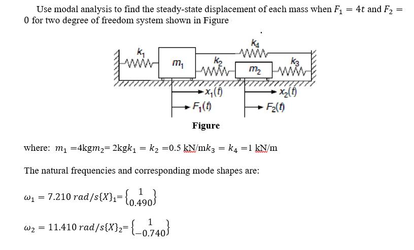 = Use modal analysis to find the steady-state displacement of each mass when F 0 for two degree of freedom