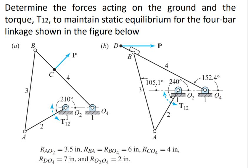 Determine the forces acting on the ground and the torque, T12, to maintain static equilibrium for the