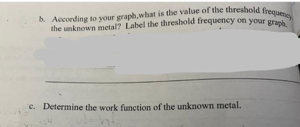 b. According to your graph, what is the value of the threshold frequency the unknown metal? Label the