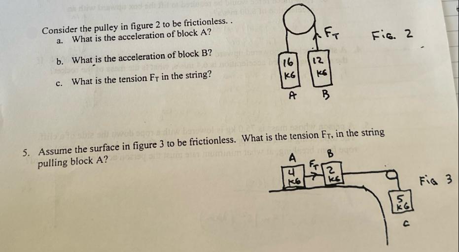 Consider the pulley in figure 2 to be frictionless.. a. What is the acceleration of block A? b. What is the