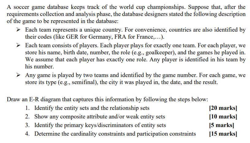 A soccer game database keeps track of the world cup championships. Suppose that, after the requirements