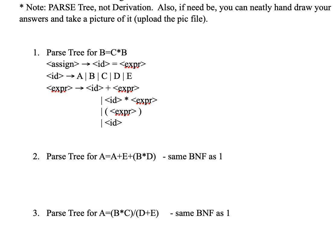 * Note: PARSE Tree, not Derivation. Also, if need be, you can neatly hand draw your answers and take a