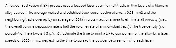 A Powder Bed Fusion (PBF) process uses a focused laser beam to melt tracks in thin layers of a titanium alloy