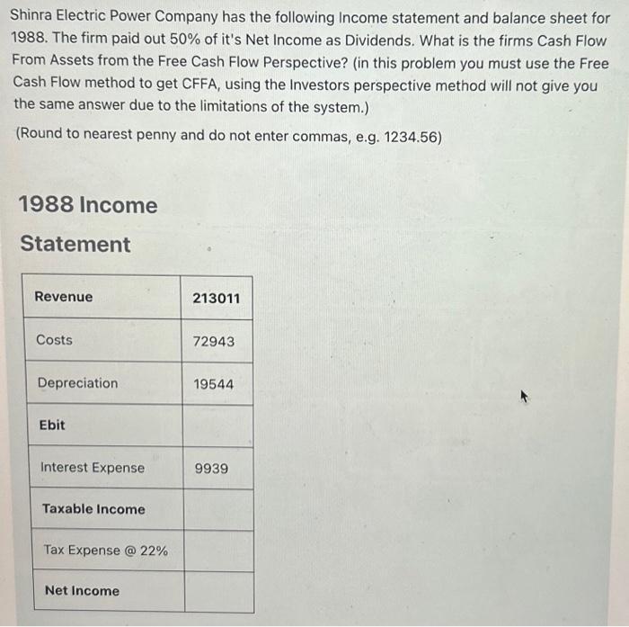 Shinra Electric Power Company has the following Income statement and balance sheet for 1988. The firm paid