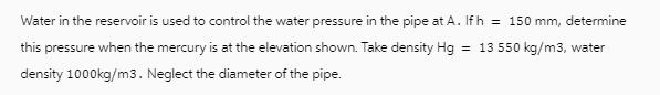 Water in the reservoir is used to control the water pressure in the pipe at A. If h = 150 mm, determine this