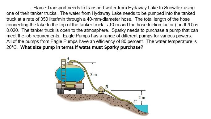 - Flame Transport needs to transport water from Hydaway Lake to Snowflex using one of their tanker trucks.