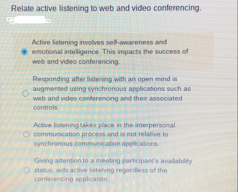 Relate active listening to web and video conferencing. Active listening involves self-awareness and O