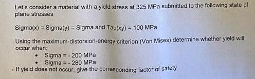 Let's consider a material with a yield stress at 325 MPa submitted to the following state of plane stresses