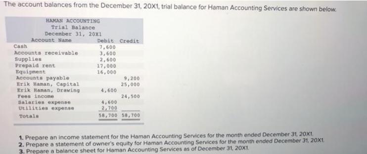 The account balances from the December 31, 20X1, trial balance for Haman Accounting Services are shown below.