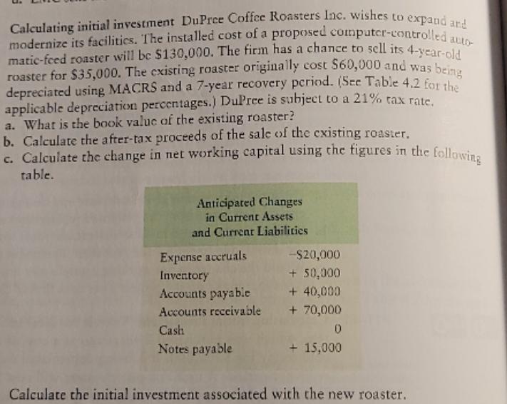 Calculating initial investment DuPree Coffee Roasters Inc. wishes to expand and modernize its facilitics. The