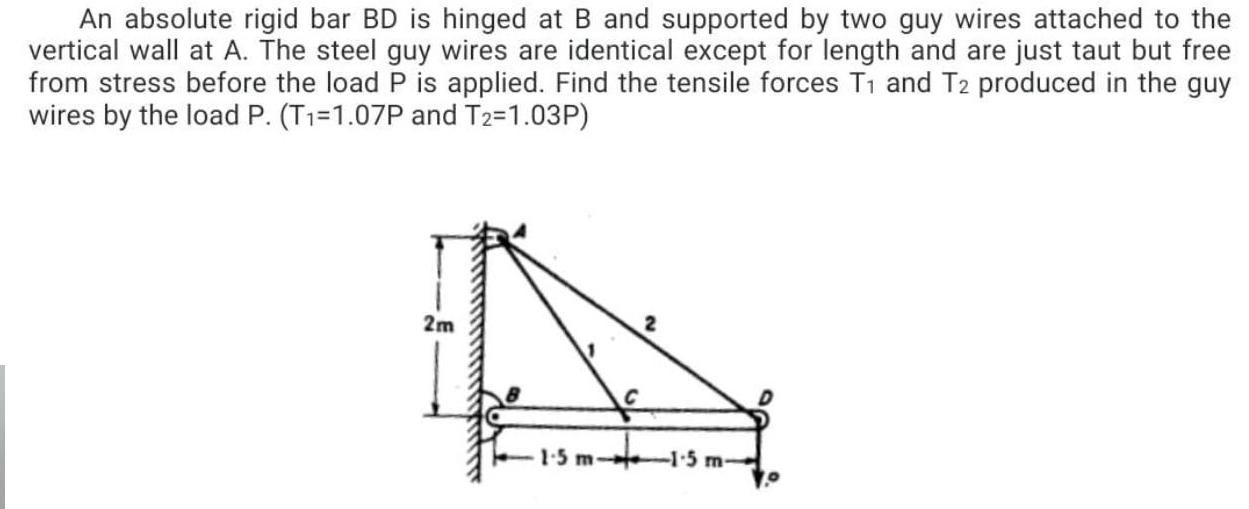 An absolute rigid bar BD is hinged at B and supported by two guy wires attached to the vertical wall at A.