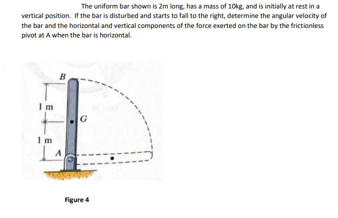 The uniform bar shown is 2m long, has a mass of 10kg, and is initially at rest in a vertical position. If the