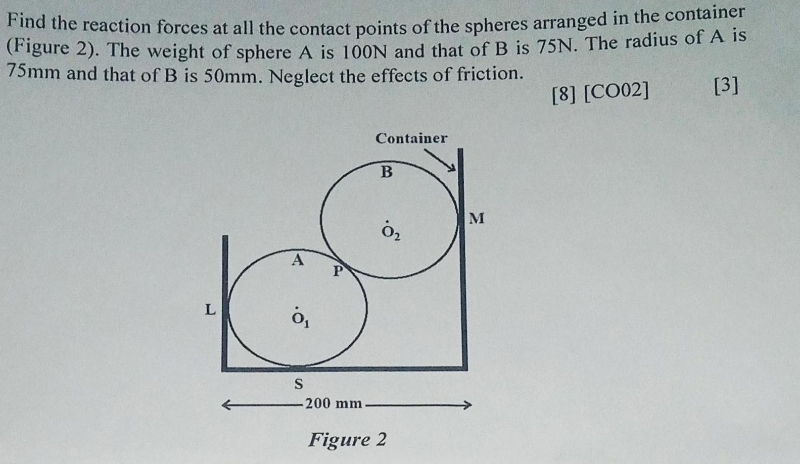 Find the reaction forces at all the contact points of the spheres arranged in the container (Figure 2). The