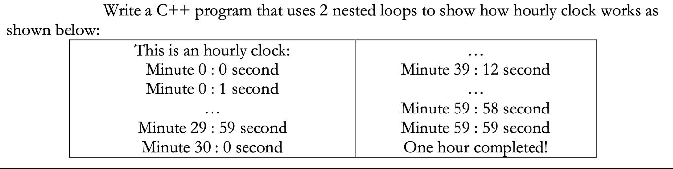 shown below: Write a C++ program that uses 2 nested loops to show how hourly clock works as This is an hourly