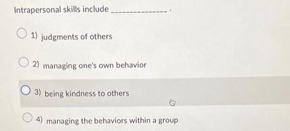 Intrapersonal skills include 1) judgments of others 2) managing one's own behavior 3) being kindness to