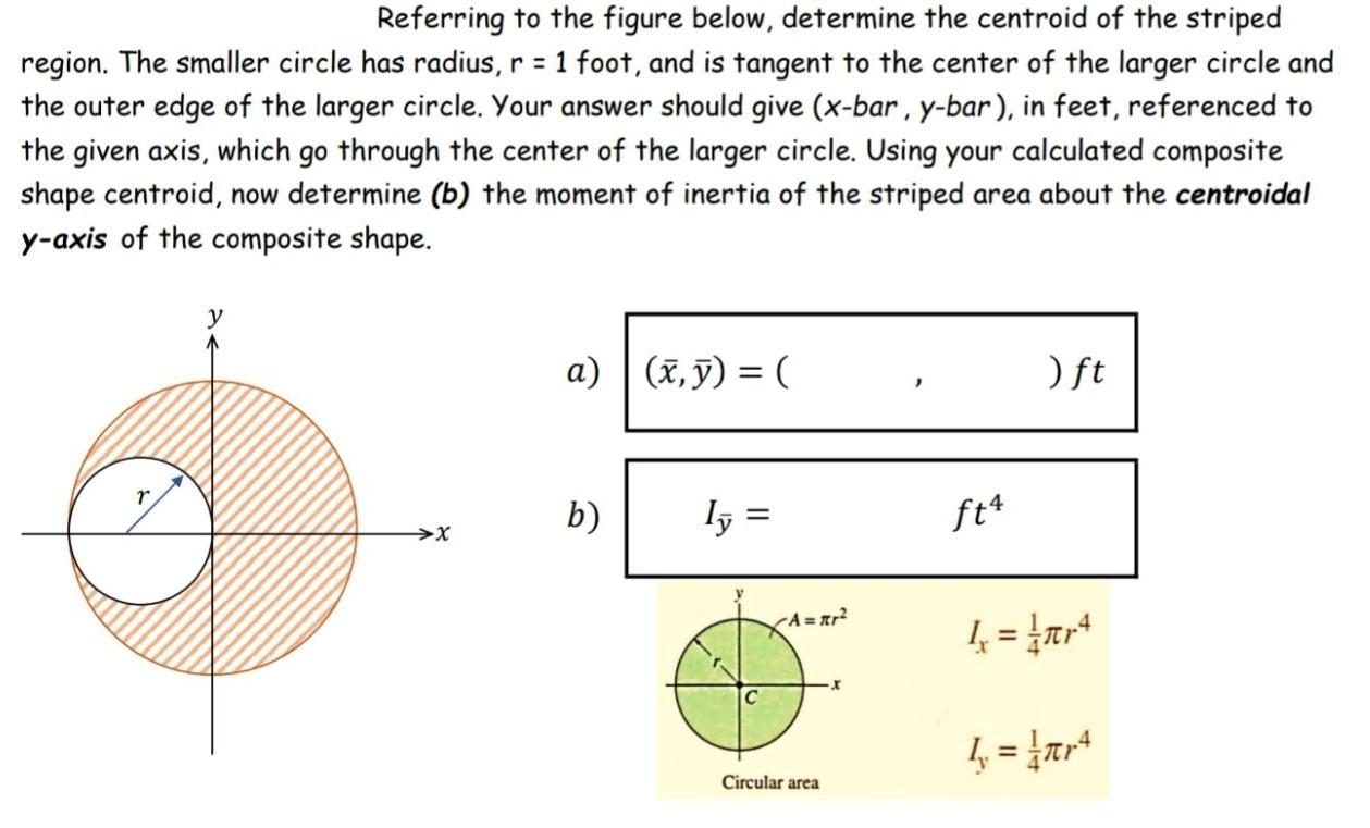 Referring to the figure below, determine the centroid of the striped region. The smaller circle has radius, r
