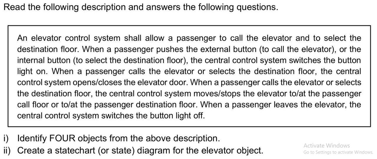 Read the following description and answers the following questions. An elevator control system shall allow a