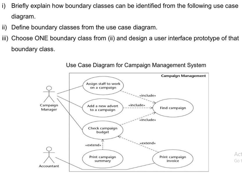 i) Briefly explain how boundary classes can be identified from the following use case diagram. ii) Define