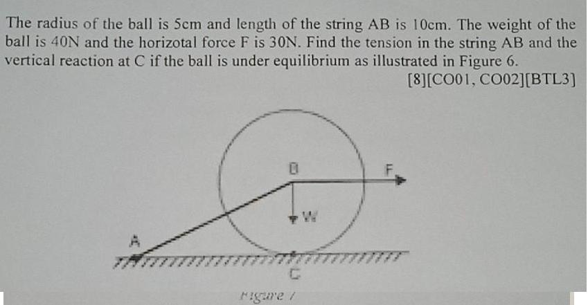 The radius of the ball is 5cm and length of the string AB is 10cm. The weight of the ball is 40N and the