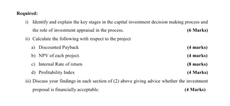 Required: i) Identify and explain the key stages in the capital investment decision making process and the