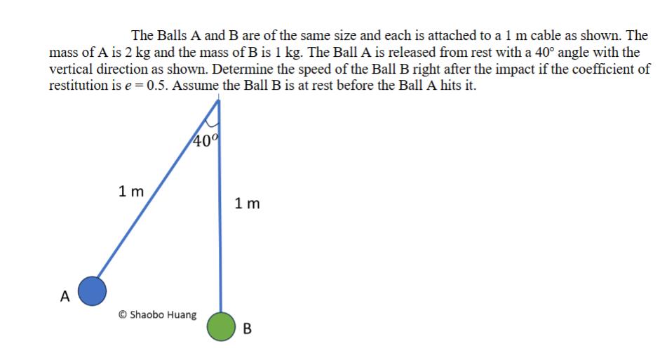 The Balls A and B are of the same size and each is attached to a 1 m cable as shown. The mass of A is 2 kg
