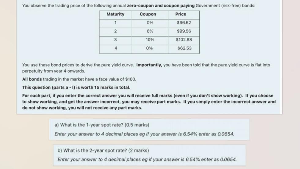 You observe the trading price of the following annual zero-coupon and coupon paying Government (risk-free)