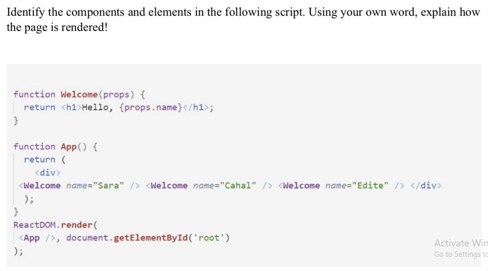 Identify the components and elements in the following script. Using your own word, explain how the page is