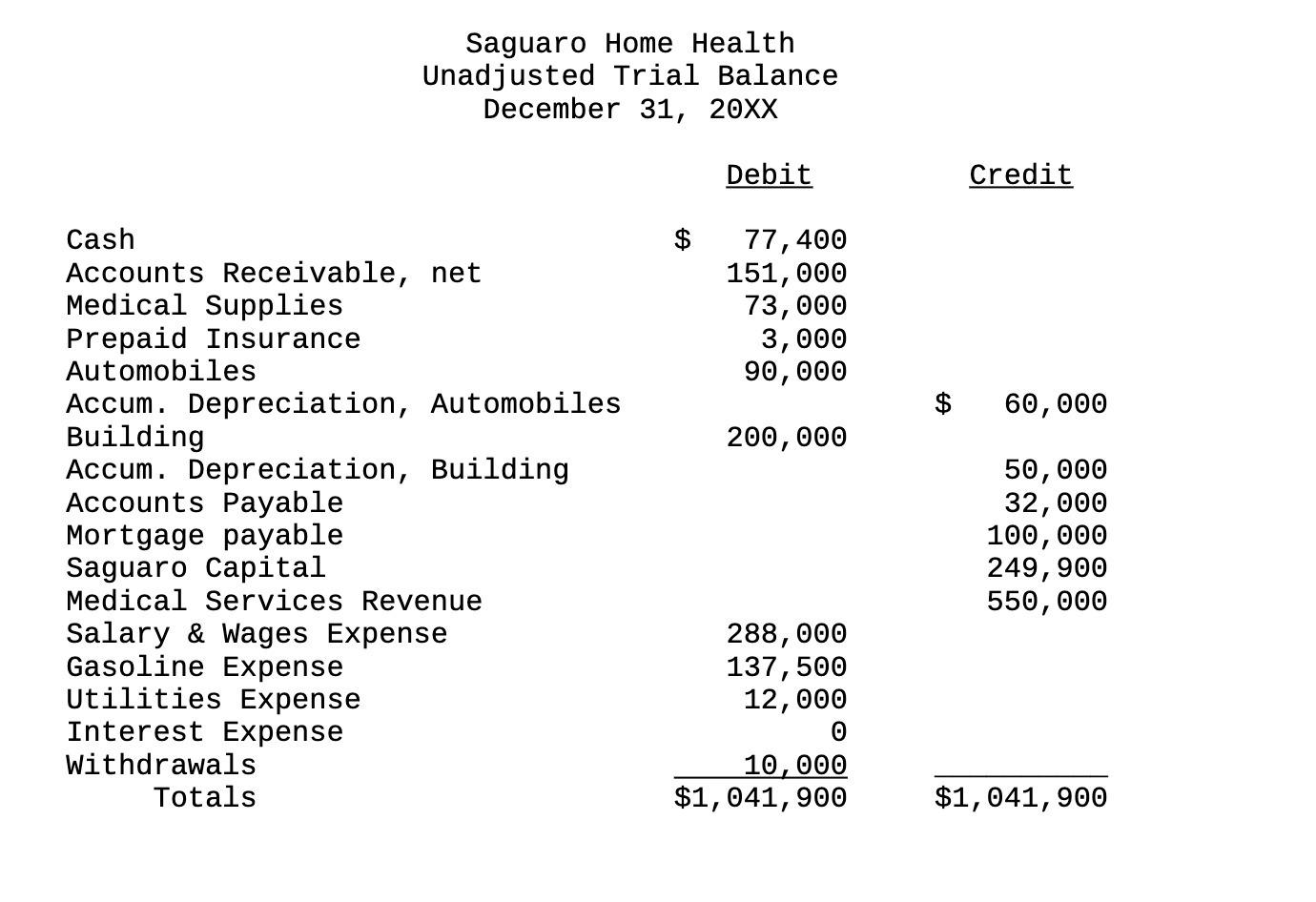 Saguaro Home Health Unadjusted Trial Balance December 31, 20XX Cash Accounts Receivable, net Medical Supplies