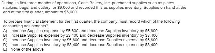 During its first three months of operations, Cari's Bakery, Inc. purchased supplies such as plates, napkins,