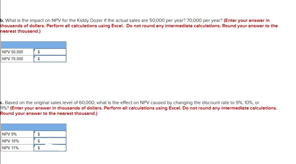 b. What is the impact on NPV for the Kiddy Dozer if the actual sales are 50,000 per year? 70,000 per year?