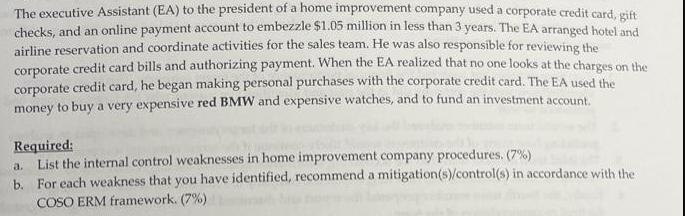 The executive Assistant (EA) to the president of a home improvement company used a corporate credit card,