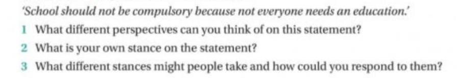 'School should not be compulsory because not everyone needs an education. 1 What different perspectives can