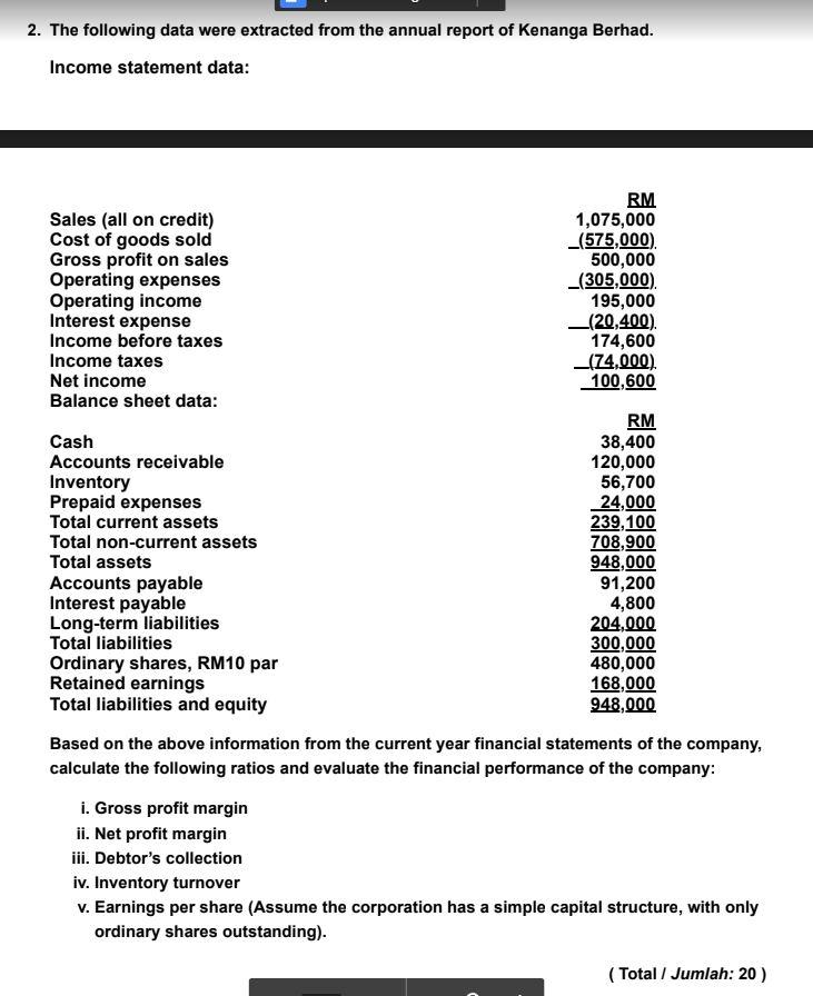2. The following data were extracted from the annual report of Kenanga Berhad. Income statement data: Sales