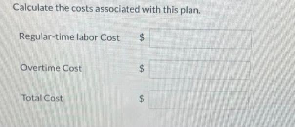 Calculate the costs associated with this plan. Regular-time labor Cost Overtime Cost Total Cost $ tA SA $ EA