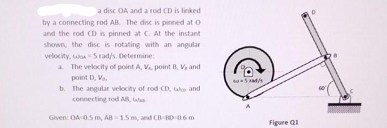 a disc OA and a rod CD is linked by a connecting rod AB. The disc is pinned at O and the rod CD is pinned at