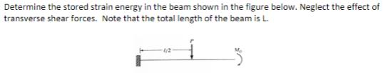 Determine the stored strain energy in the beam shown in the figure below. Neglect the effect of transverse