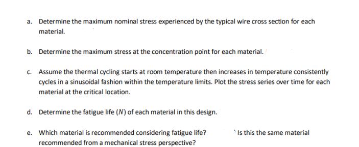 a. Determine the maximum nominal stress experienced by the typical wire cross section for each material. b.