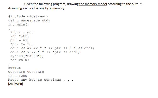 Given the following program, drawing the memory model according to the output. Assuming each cell is one byte