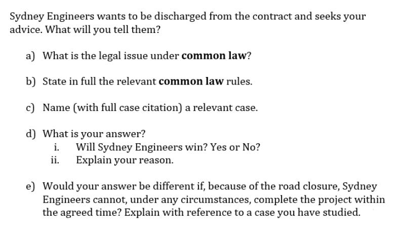 Sydney Engineers wants to be discharged from the contract and seeks your advice. What will you tell them? a)